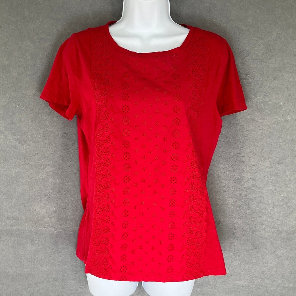 Talbots Top Red Crew Neck Short Sleeve Women Sz M Cotton Floral Eyelet Casual‎